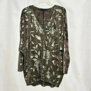 🛑 WHBM Womens Dolman Long Sleeve Grey Silver Metallic Floral Tunic Blouse Med